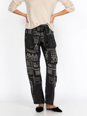 Johnny Was BIYA Black Blake Embroidered Cargo Bohemian Artsy Pants Size 10